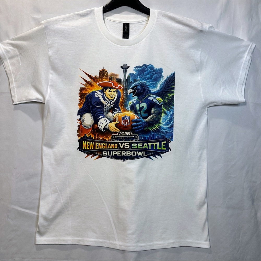 Womenâs or Menâs New England vs Seattle Superbowl T-Shirt - Blue and Orange - Picture 1 of 4